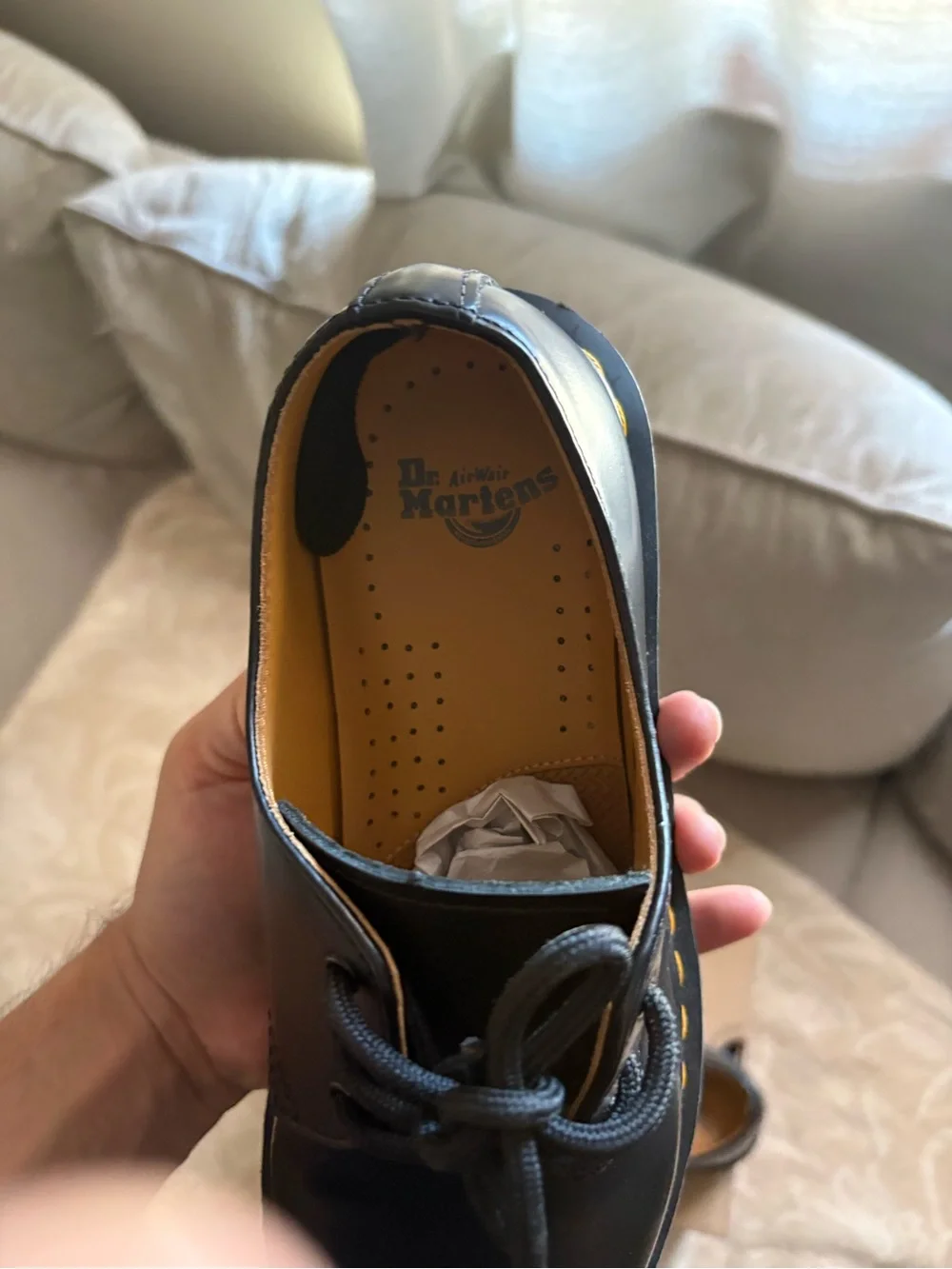 Dr. Martens Black Leather 3-Eye Derby with Yellow Stitching